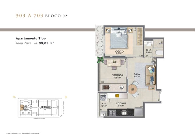 Unidade 303 a 703, Bloco 02 — 39,09 m²