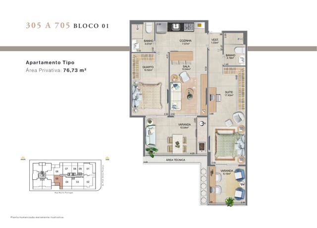 Unidade 305 a 705, Bloco 01 — 76,73 m²
