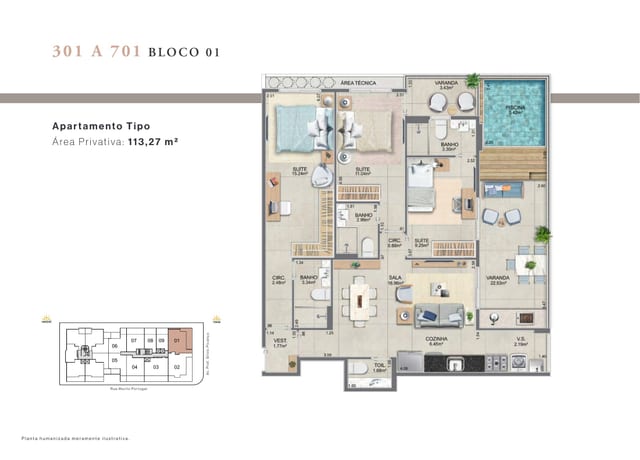 Unidade 301 a 701, Bloco 01 — 113,27 m²